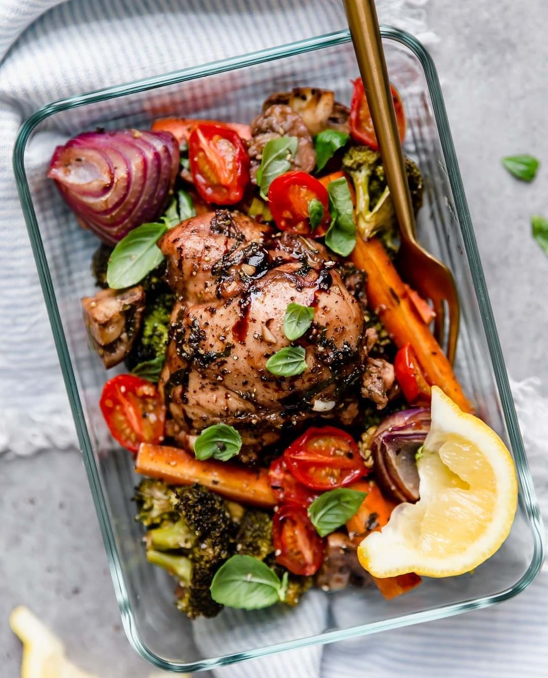 One Pan Balsamic Chicken Veggie Bake Recipe By Dietitians Jess Stacie The Feedfeed