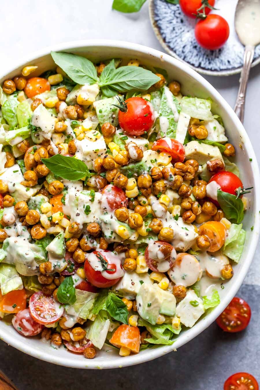 Honey roasted chickpea and avocado salad with herb dressing Recipe