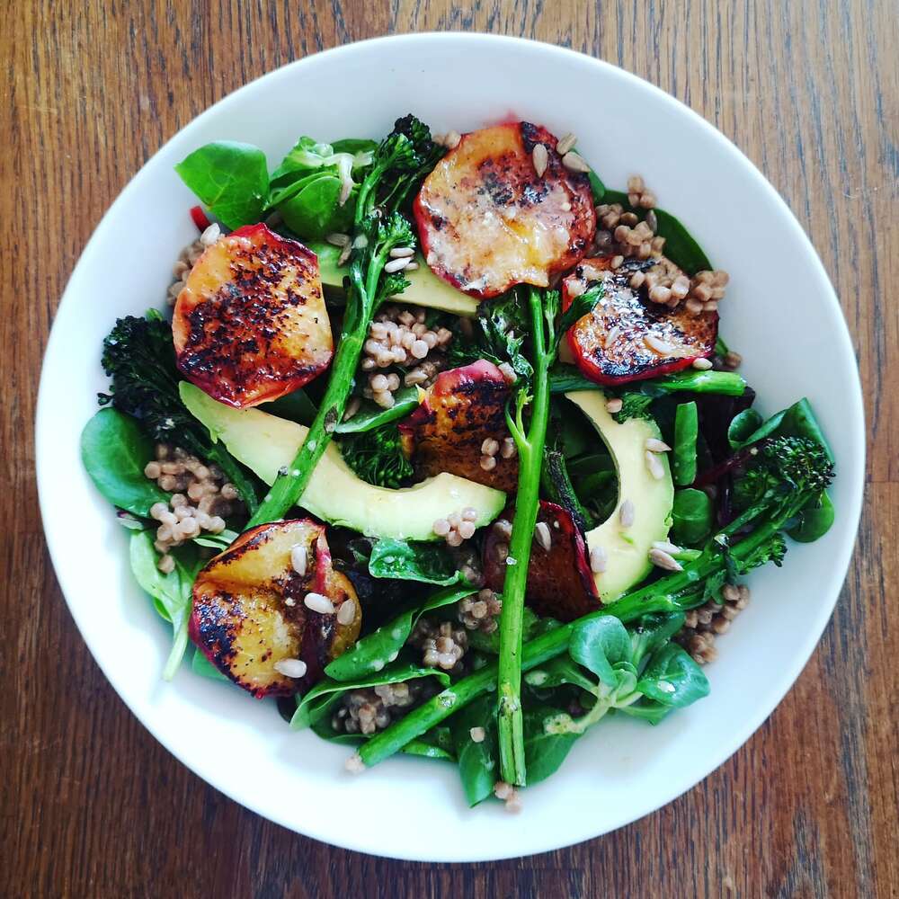Peach salad with tenderstem broccoli & giant couscous Recipe The Feedfeed