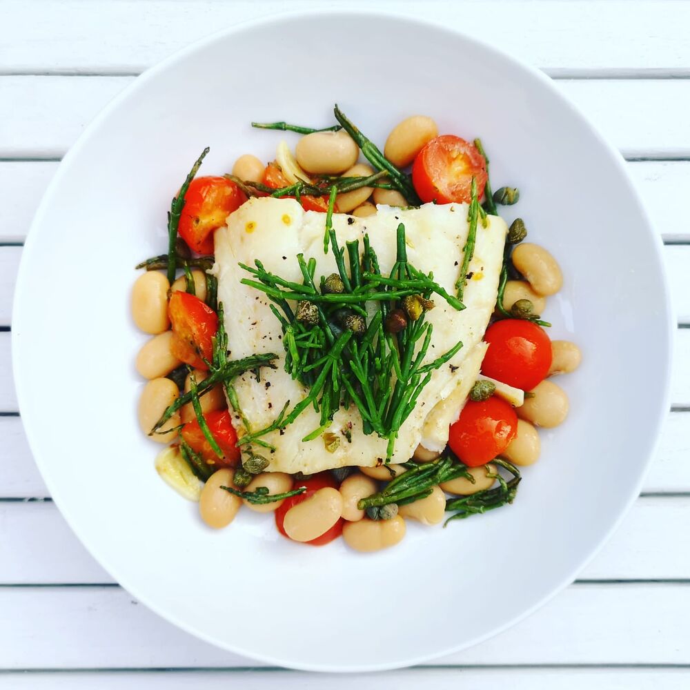 Oven Roasted Cod With Samphire Butter Beans And Tomatoes Recipe The Feedfeed