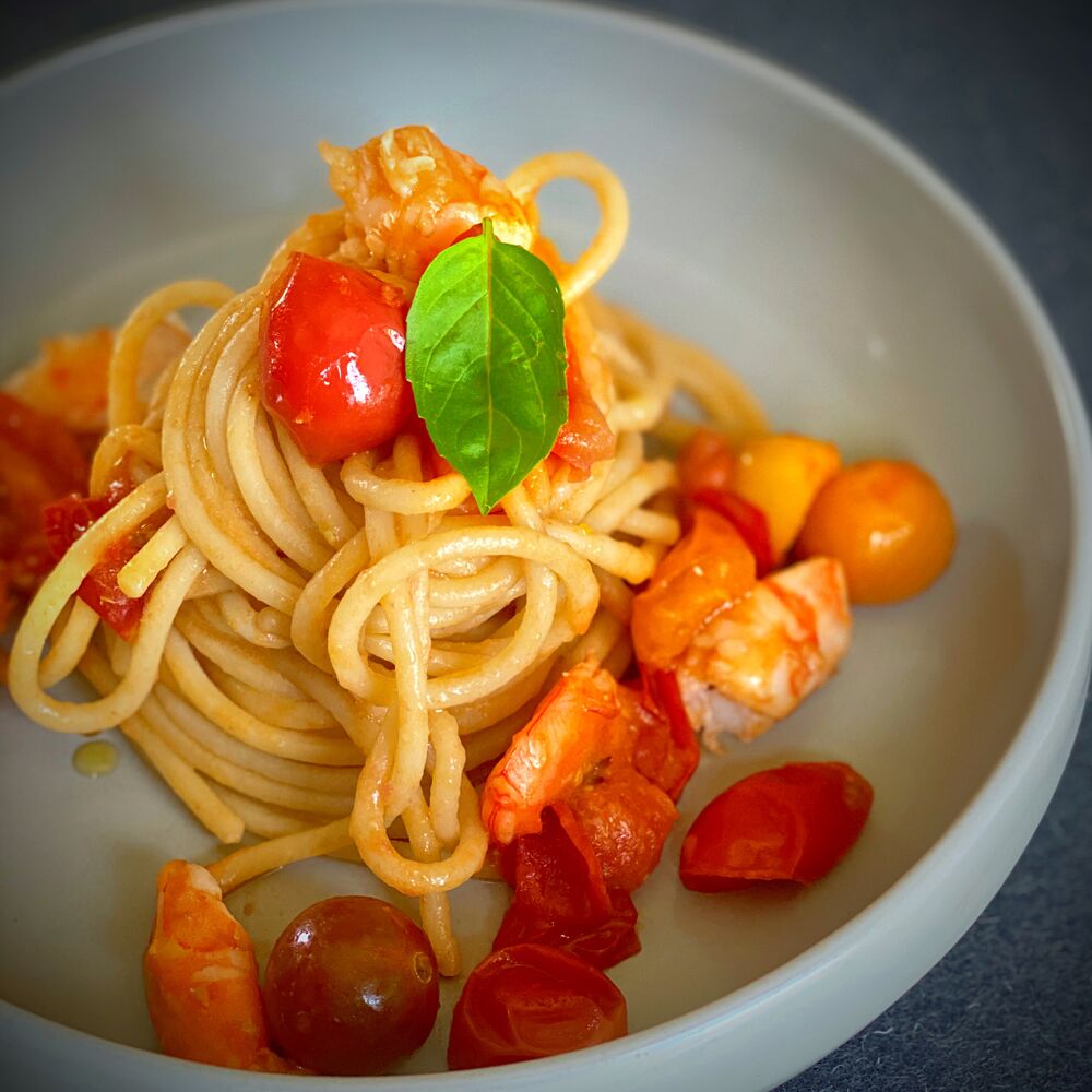 Spaghetti with cherry tomatoes and freshlypeeled Prawns Recipe The Feedfeed