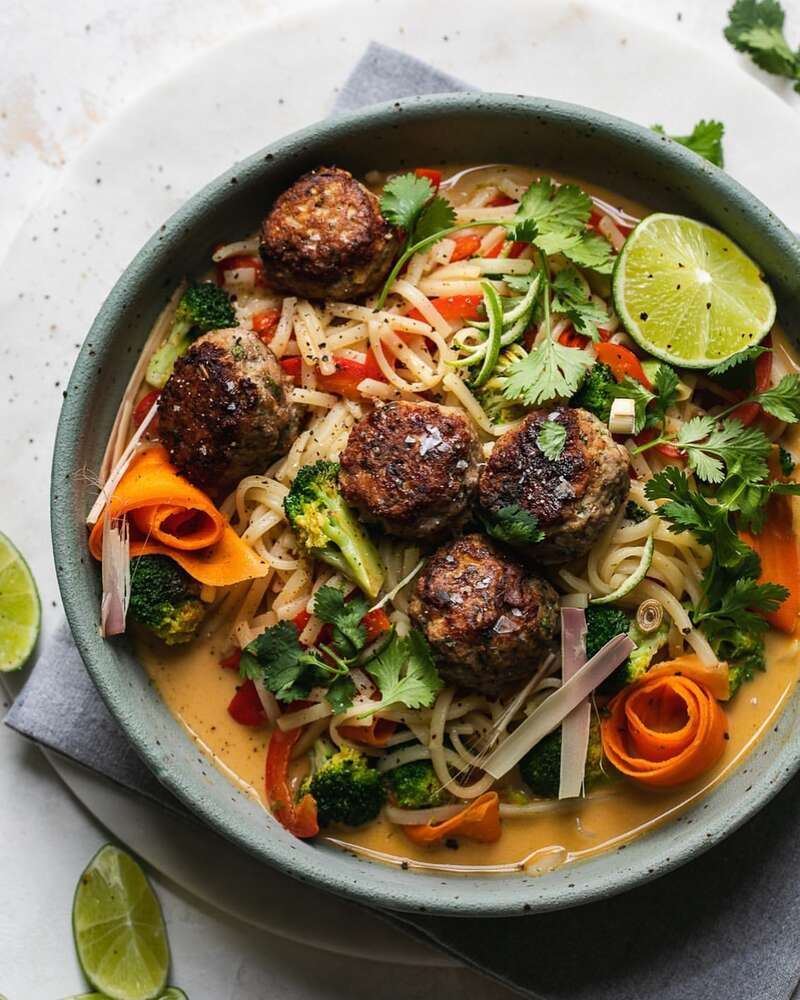 Coconut Lime Noodle Stir Fry with Lemongrass Meatballs Recipe The