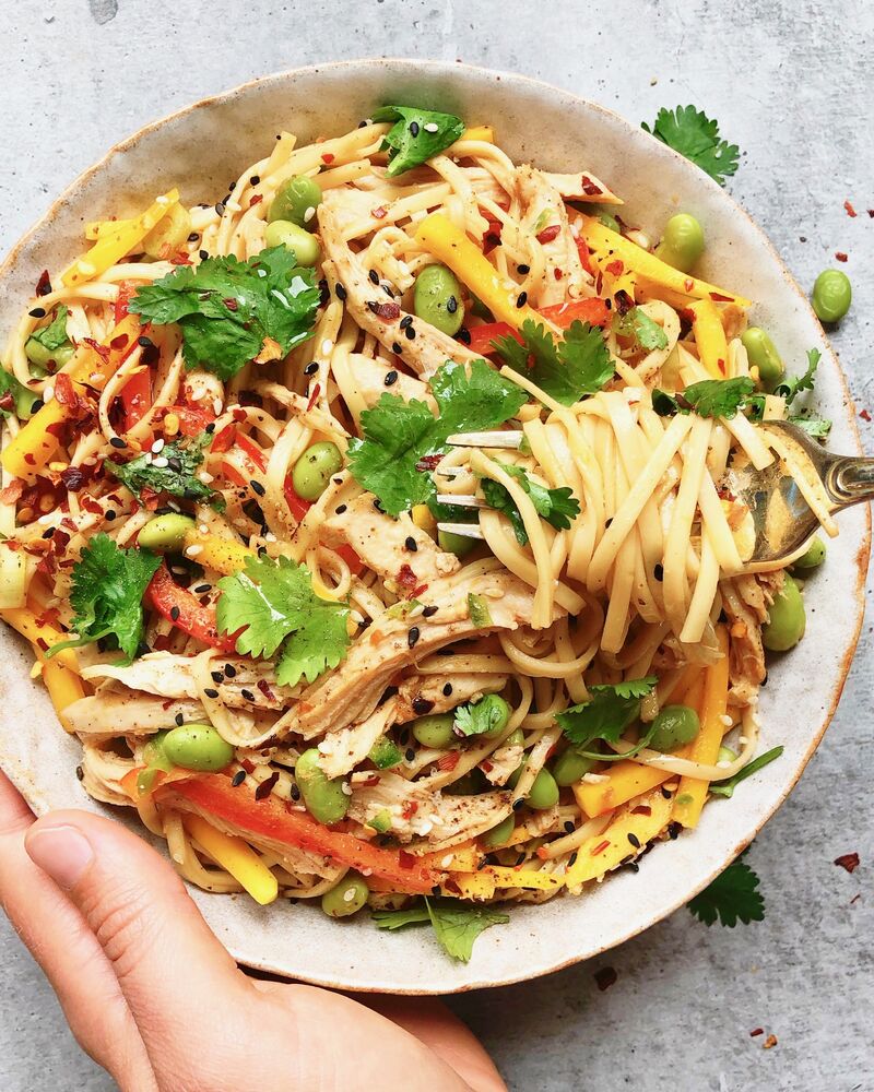 Spicy Weeknight Noodles with Scallions, Mango, Jalapeno, Edamame and