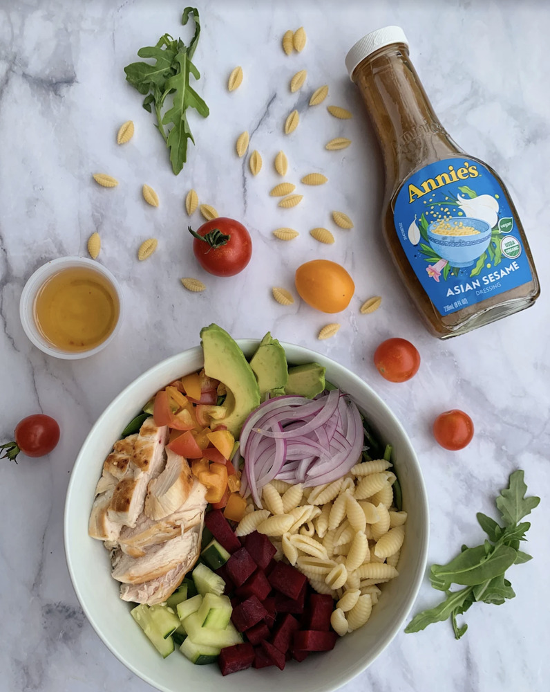 Grilled Chicken Pasta Salad using Annie's Sesame Ginger Dressing Recipe |  The Feedfeed
