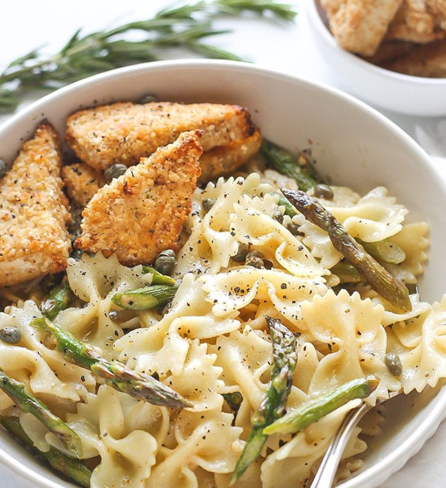 Asparagus and Caper Butter Pasta with Breaded Tofu Recipe The Feedfeed