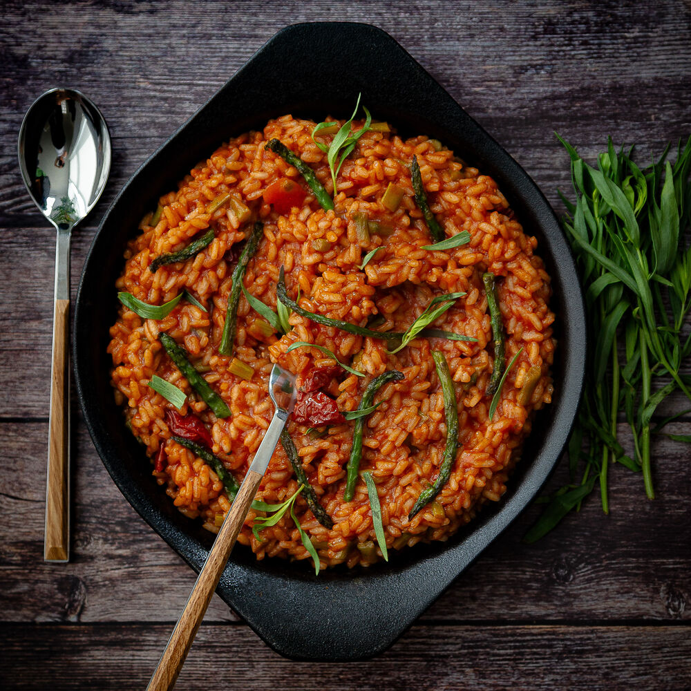 Spicy Tarragon & Tomato Risotto with Seared Asparagus Recipe The Feedfeed