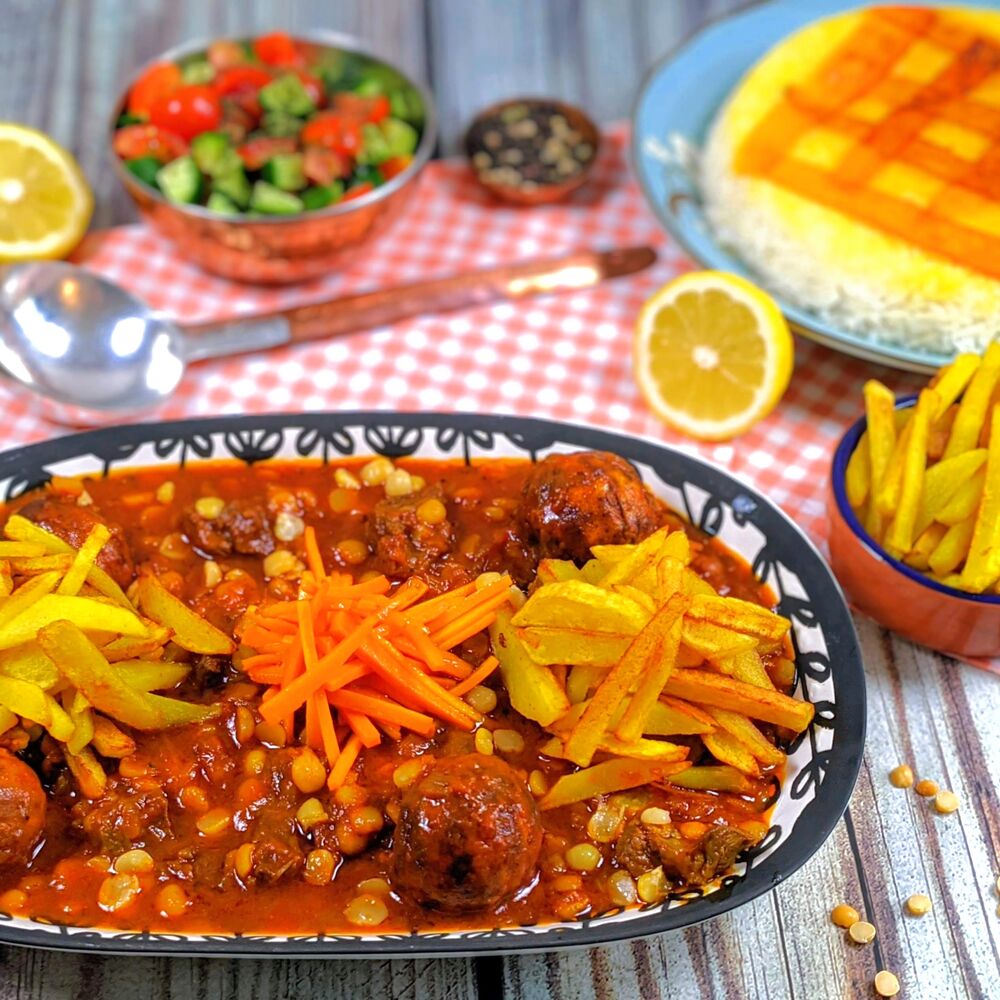 Khoresh Gheymeh. Persian Beef stew with roasted potatoes by