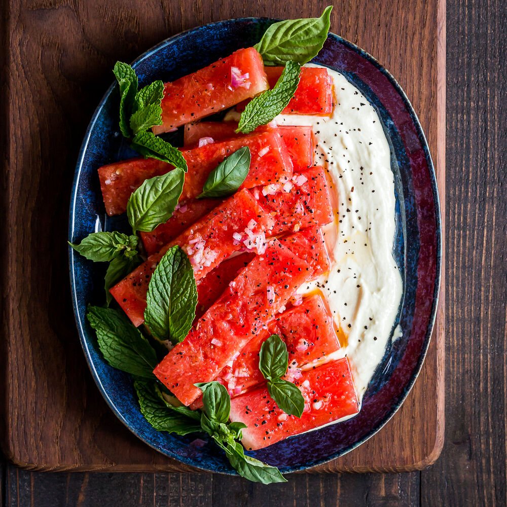 Marinated Watermelon Salad with Creamy Whipped Feta and Sumac Recipe