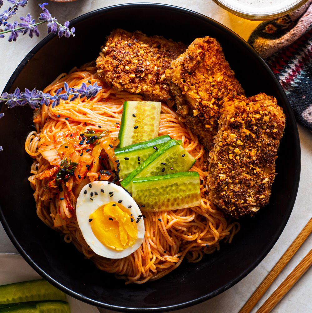 Peanut Crusted Tofu with Cold Kimchi Noodles by rhubandcod Quick