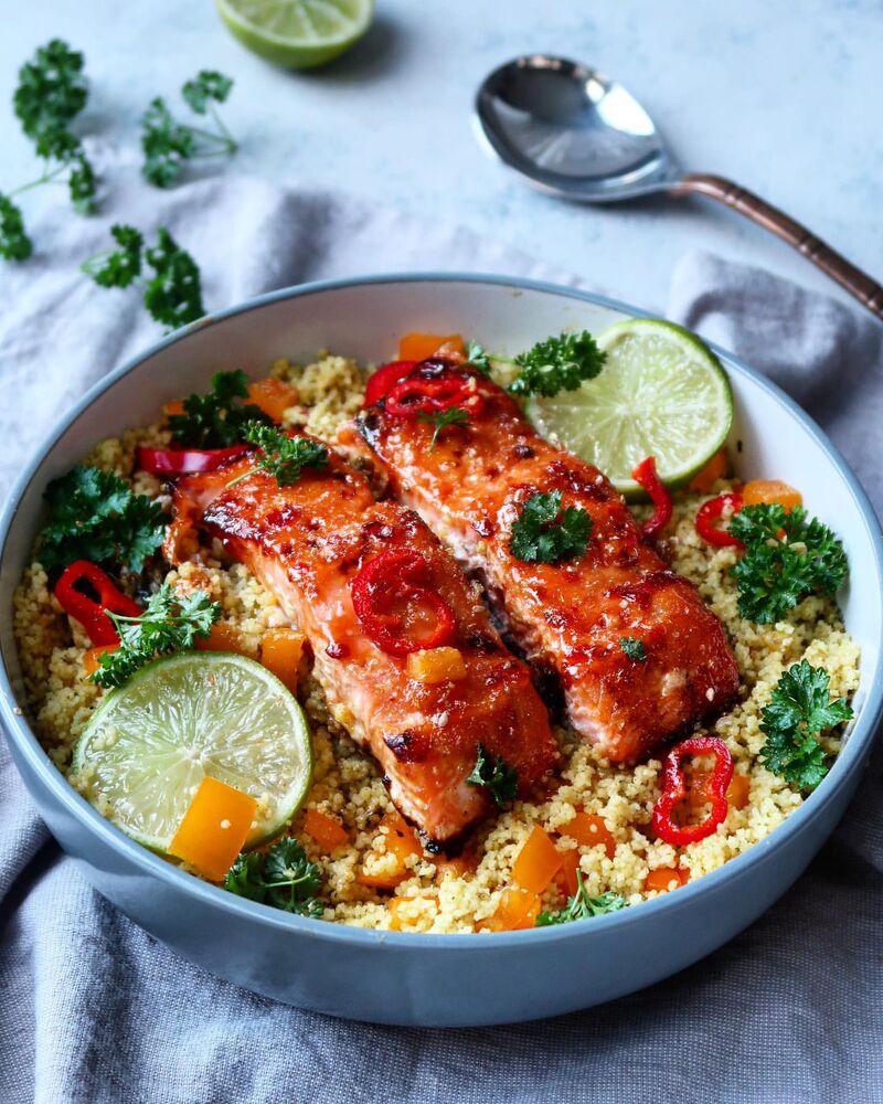 Sweet Chili Salmon over Couscous | The Feedfeed
