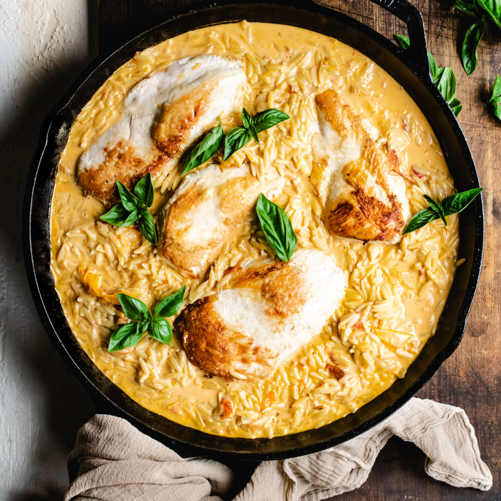 Creamy Yellow Tomato Chicken Skillet with Orzo by the_frozen_biscuit