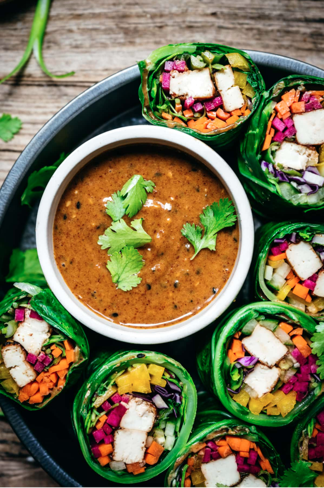 Vegan Tofu Collard Green Wraps with Almond Butter Miso Dipping Sauce