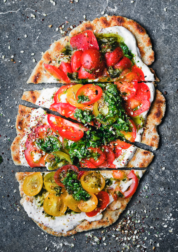 Oat Flour & Yogurt Flatbread with Spicy Green Sauce, Tomatoes and Za