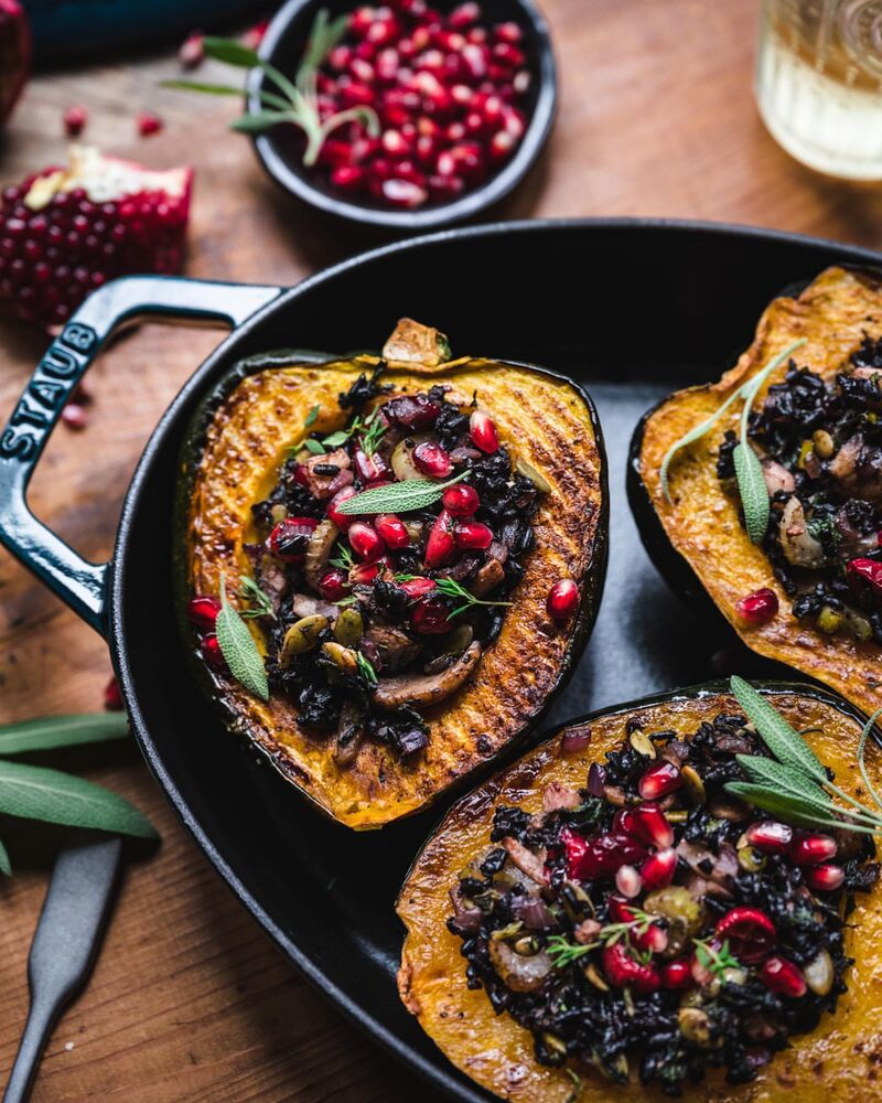 Mushroom, Kale, and Wild Rice Stuffed Acorn Squash Recipe The Feedfeed