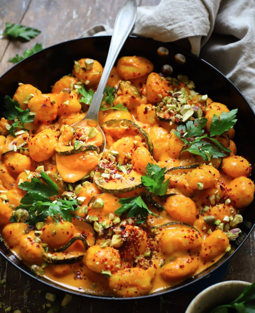 Creamy Saffron and Grilled Pepper Gnocchi topped with Pistachios
