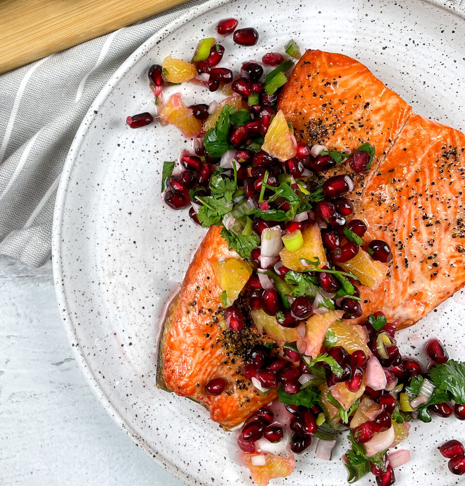 Air fried Salmon with Pomegranate Salsa Recipe | The Feedfeed