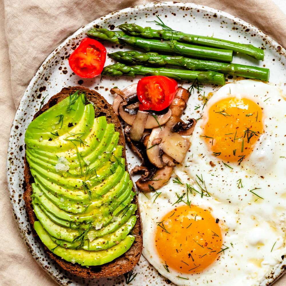 Fried Eggs Avocado On Sourdough Toast Asparagus Mushrooms And Tomatoes Recipe The Feedfeed