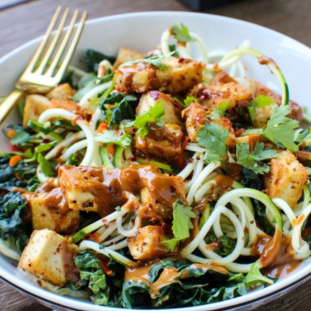 Crispy Pan Fried Tofu with Zoodles and Spicy Peanut Sauce Recipe The