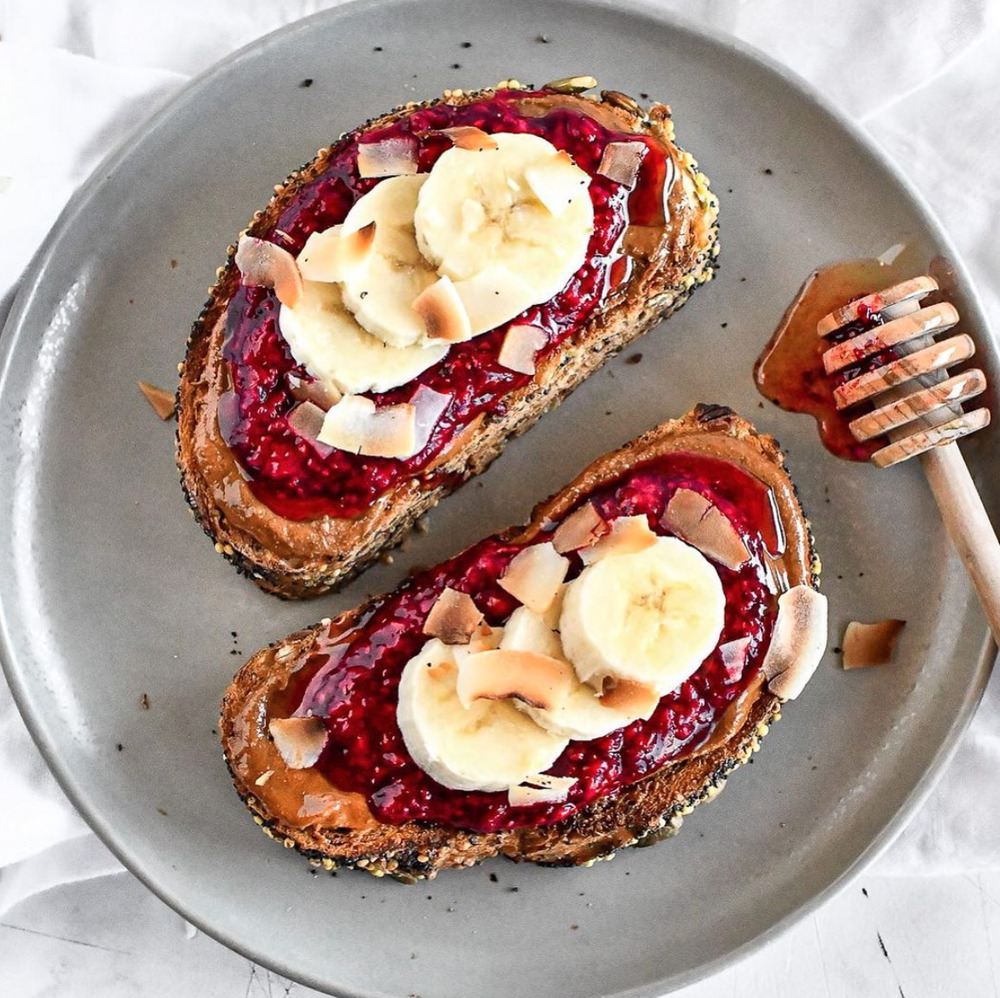 Berry Chia Jam Almond Butter And Banana Toast By Simply Unbeetable Quick Easy Recipe The Feedfeed
