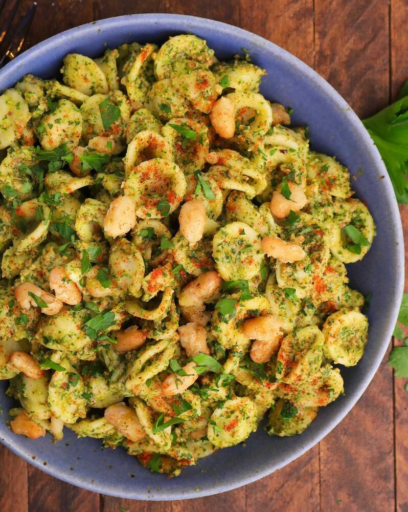 Vegan Broccoli Rabe Pesto Pasta with Crispy White Beans Recipe The