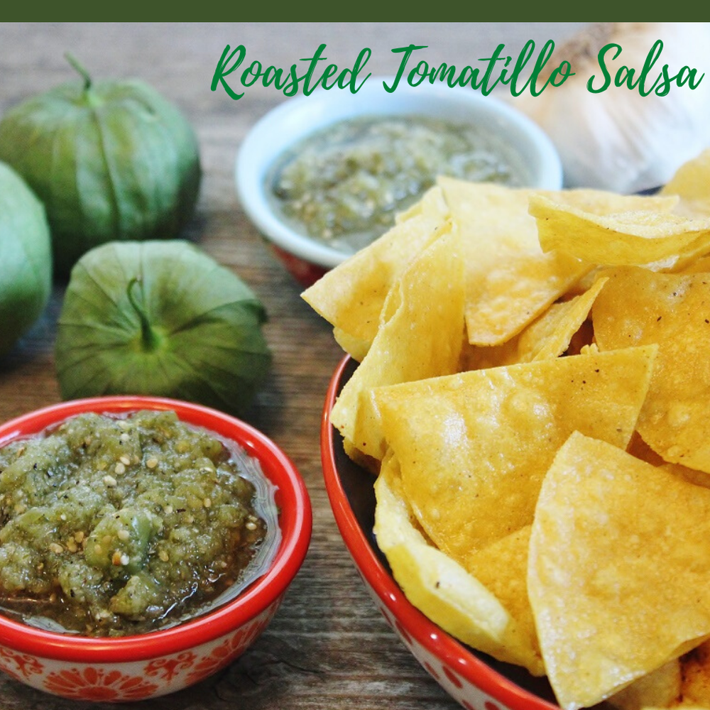 Roasted Tomatillo Salsa with Homemade Tortilla Chips by