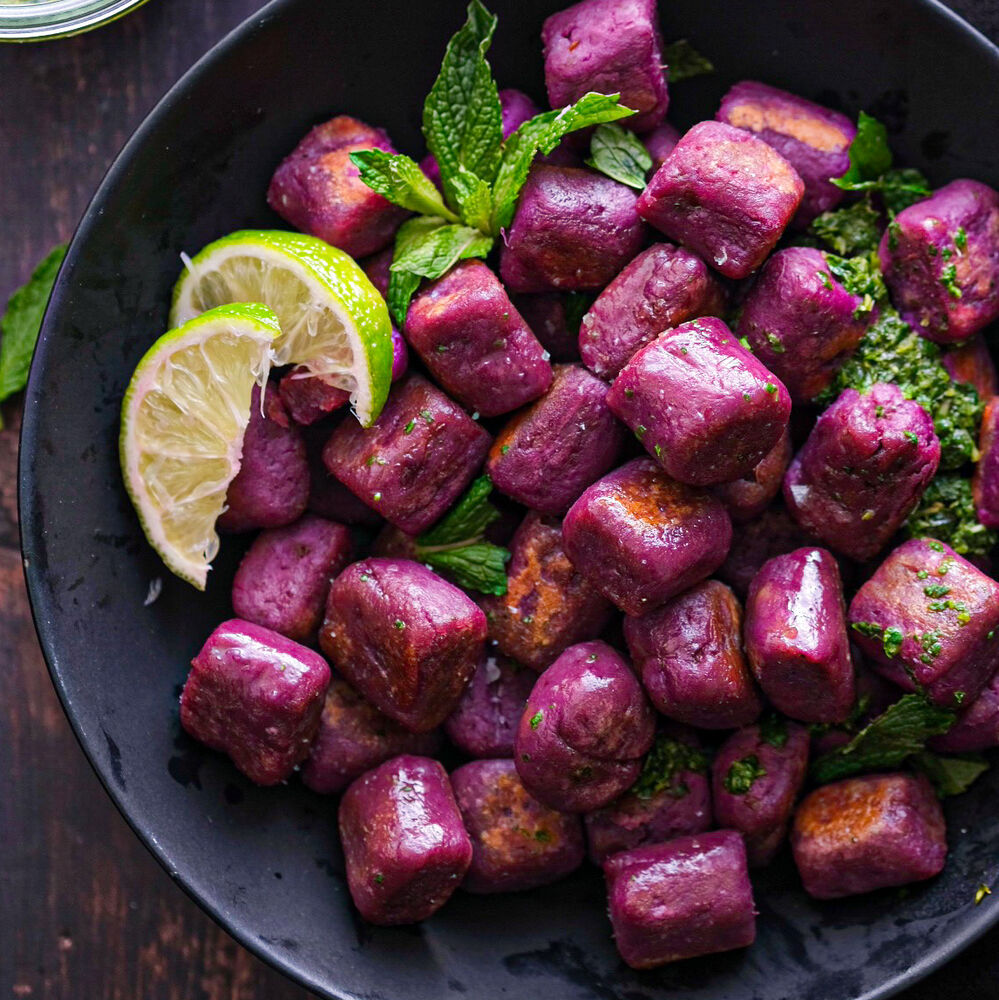 Purple sweet potato gnocchi with cilantro mint chutney Recipe | The ...