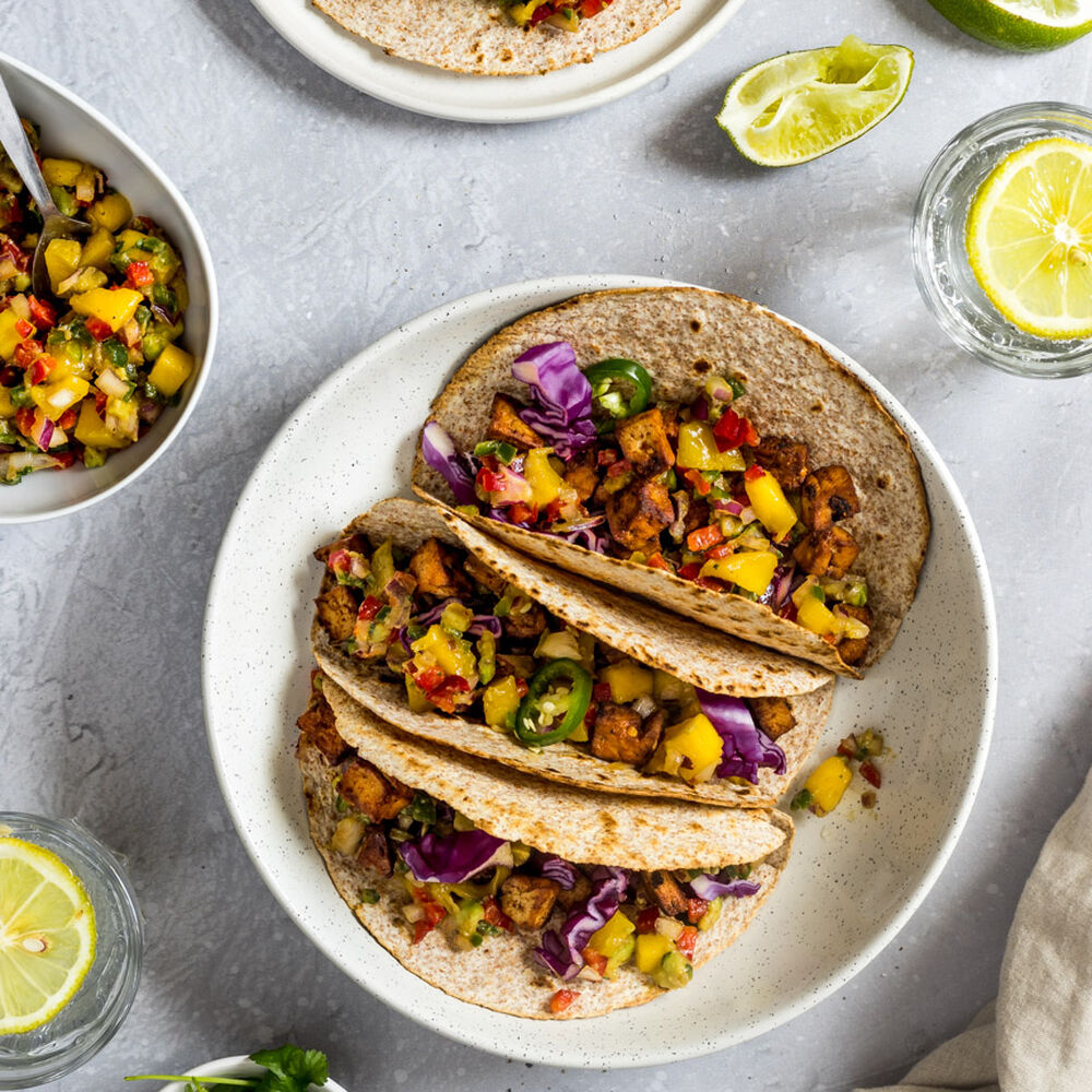 Crispy vegan tofu tacos with mango avocado salsa Recipe The Feedfeed