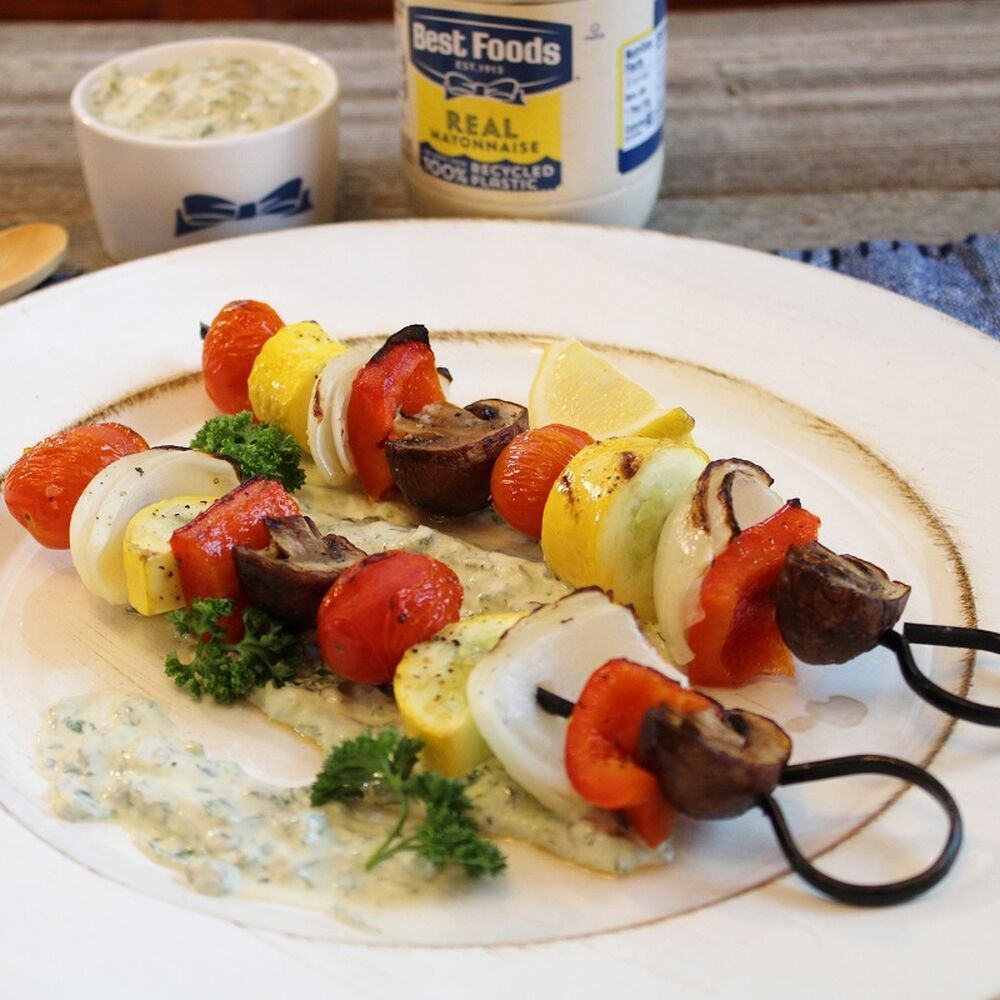 Broiled Vegetable Kabobs with Green Goddess Dipping Sauce by