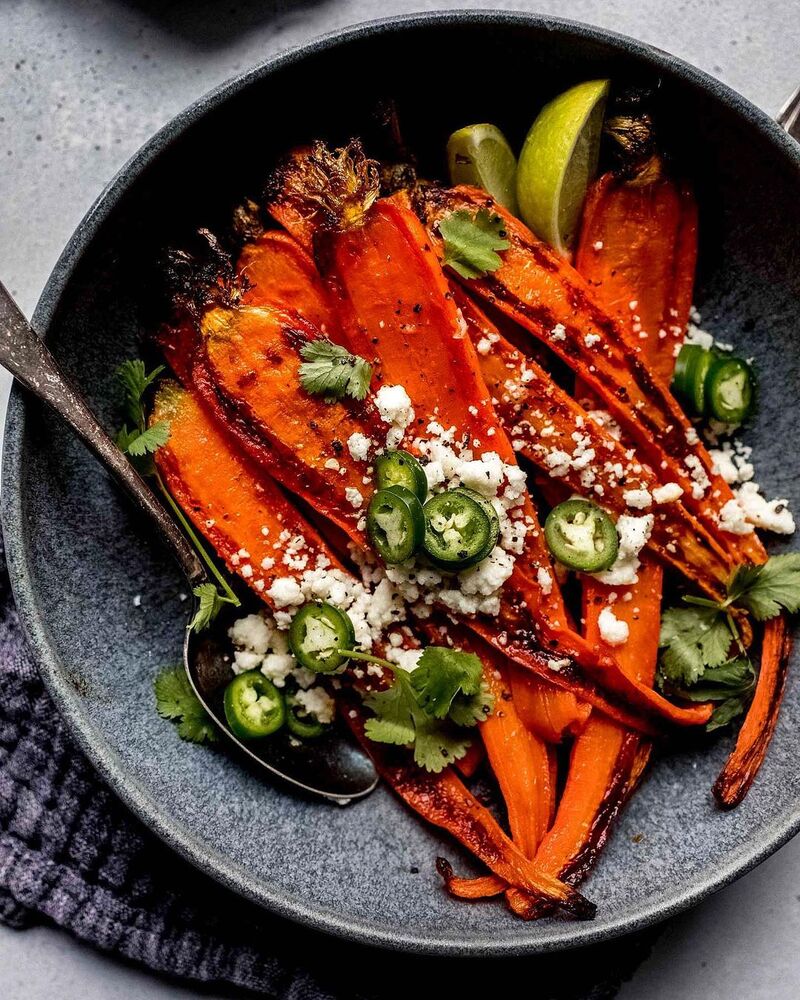 Cumin and Chili Powder Roasted Carrots with Garlic Sauce and Cotija