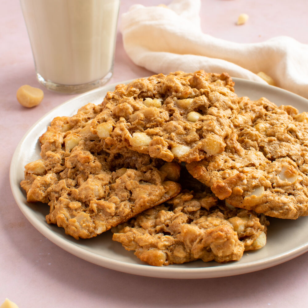 Chewy Vegan White Chocolate and Macadamia Nut Oatmeal Cookies Recipe