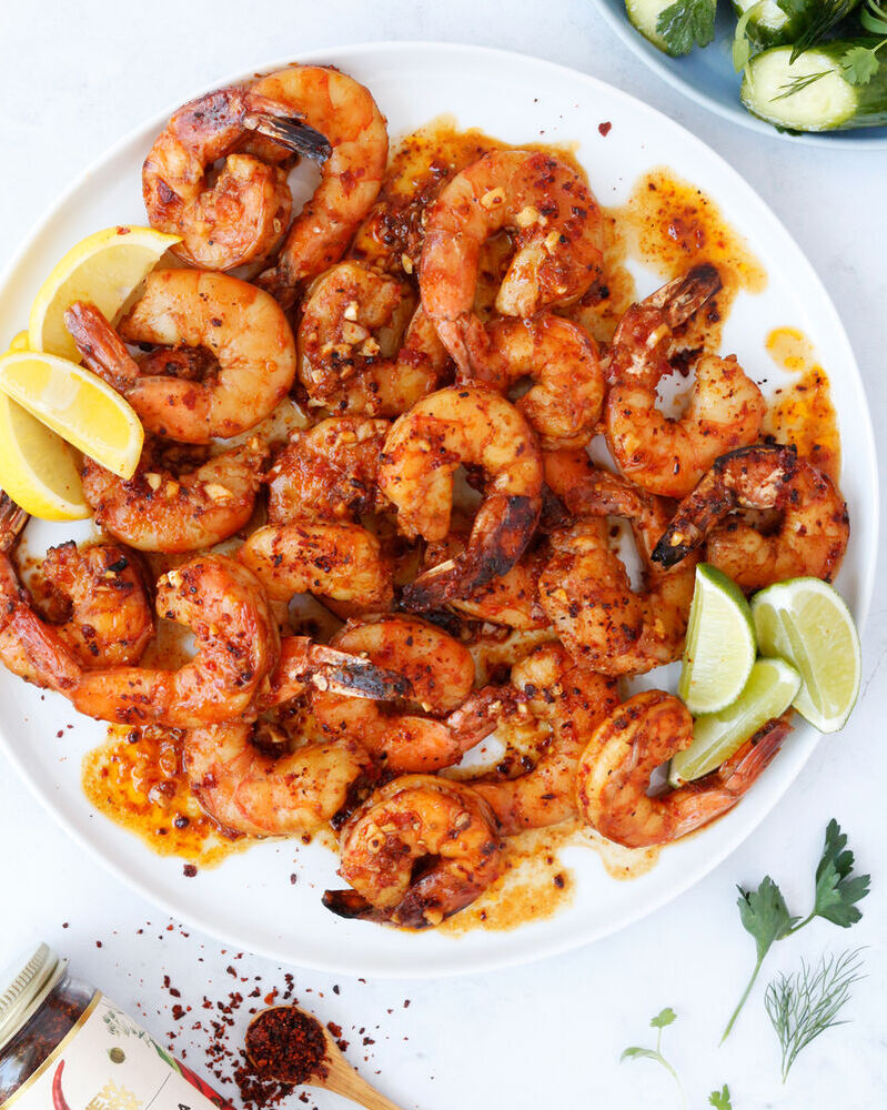 Honey Harissa Grilled Shrimp with Herby Cucumber Salad | Video Recipe ...