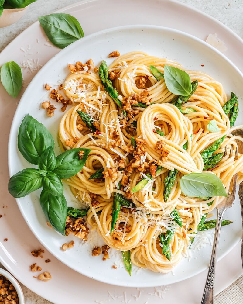 Browned Butter Spaghetti with Asparagus, Basil, and Toasted Walnuts