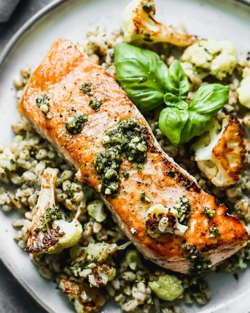 Seared Salmon With Pesto Farro And Roasted Cauliflower Recipe The Feedfeed