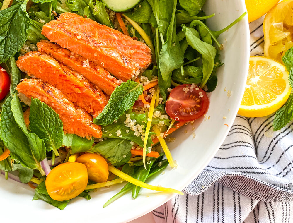 Lemon Quinoa Mint Salad with Grilled Salmon Recipe | The Feedfeed