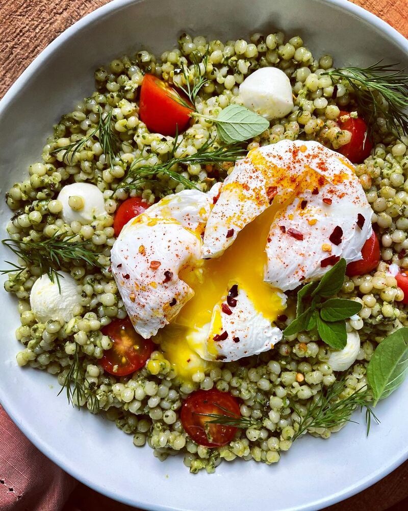 Caprese Pesto Couscous With Poached Eggs Recipe | The Feedfeed