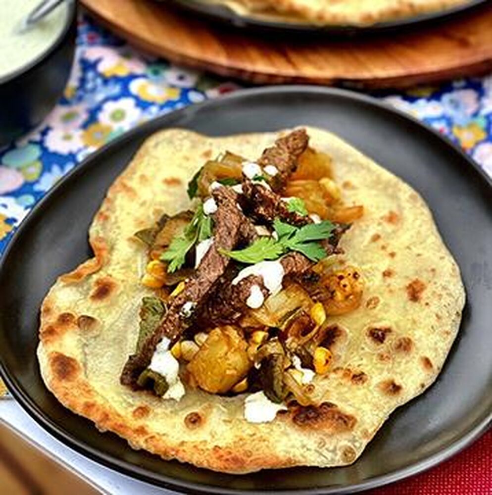 Wagyu Beef, Roasted Poblano Pepper, Potato, and Corn Fajitas by