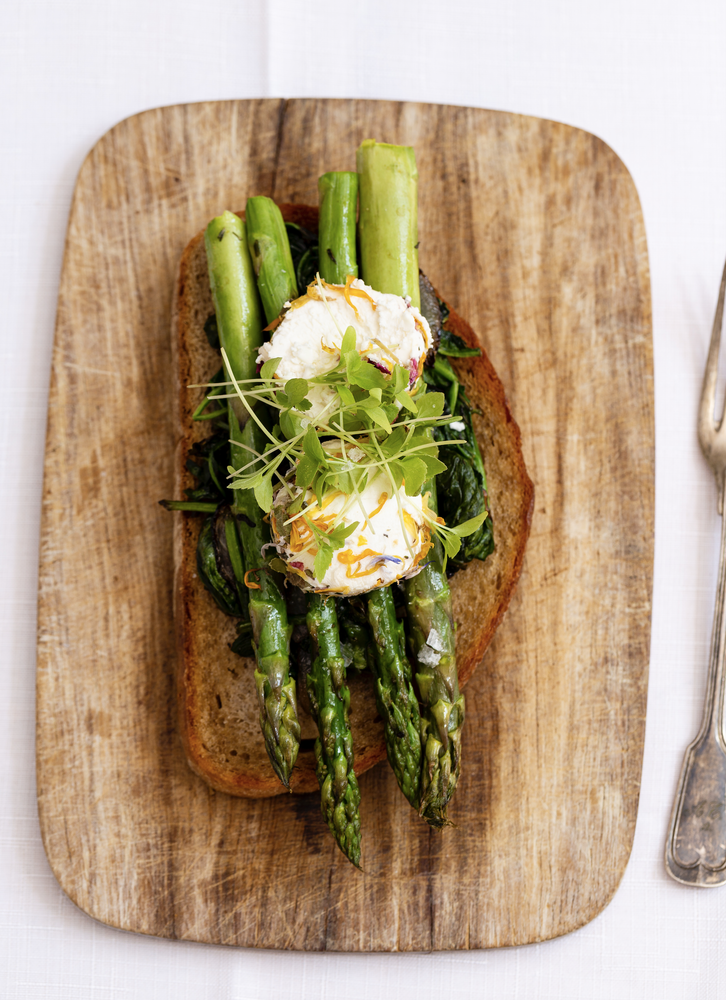 Grilled Asparagus, Garlic Fried Spinach and Goats Cheese Toast by