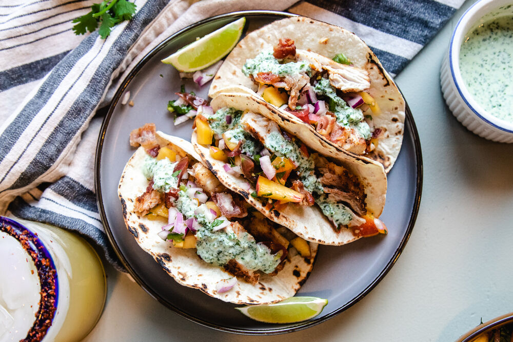 Blackened MahiMahi Tacos with Peach Pico de Gallo and Cilantro Lime