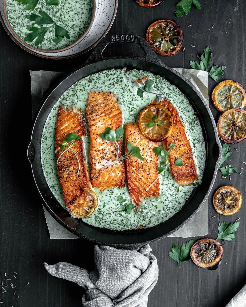 Cast Iron Salmon with Creamy Schug Recipe The Feedfeed
