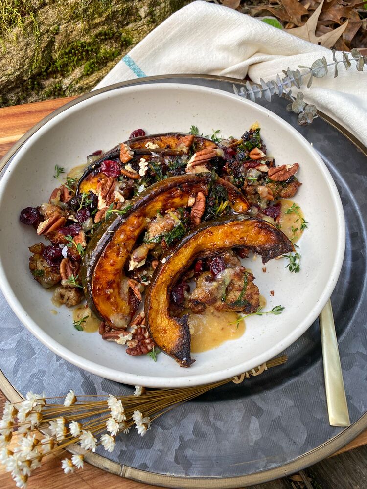 Roasted Acorn Squash with Chicken Sausage, Cranberries, and Maple White