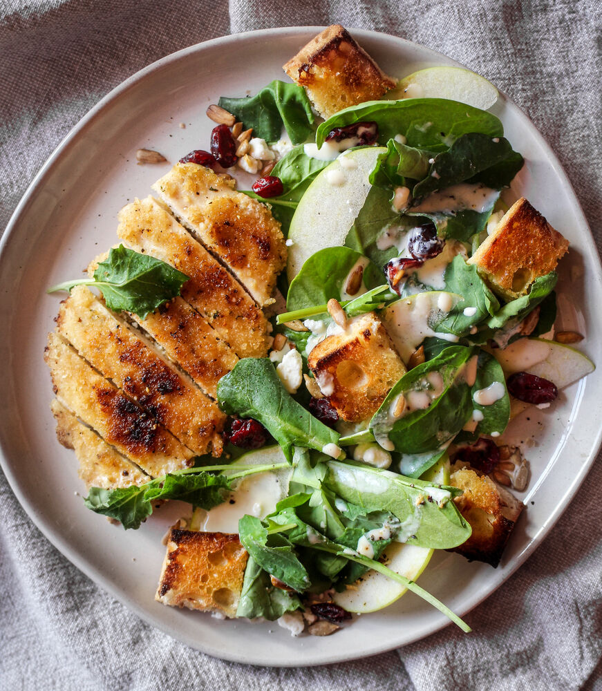 Pan-Fried Chicken with Baby Kale & Maple Dijon Yogurt Dressing Recipe ...