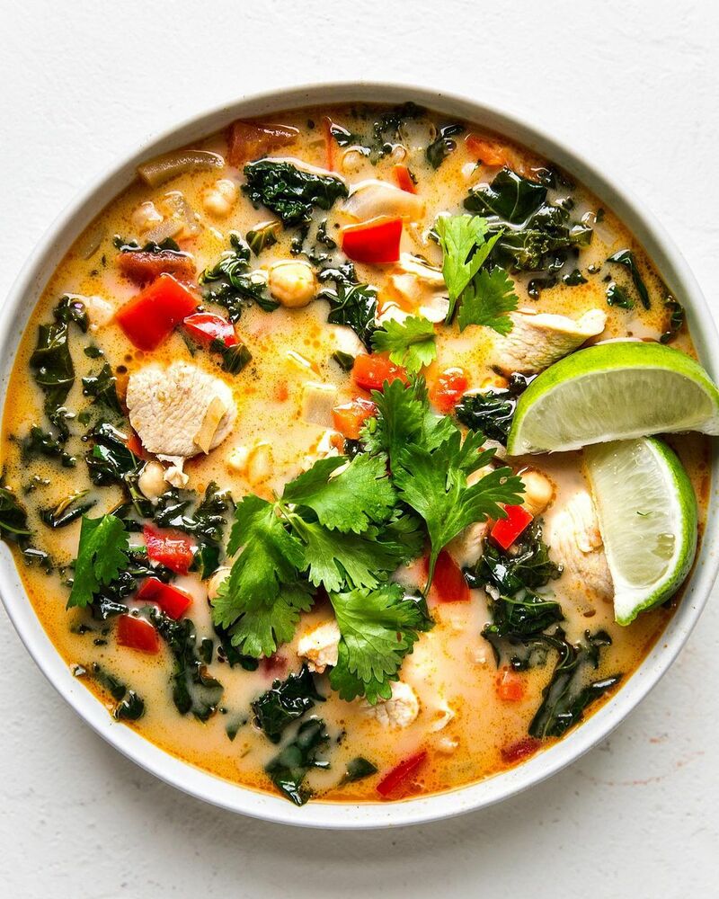 Red Curry Coconut Soup with Chicken, Chickpeas, and Greens Recipe | The ...