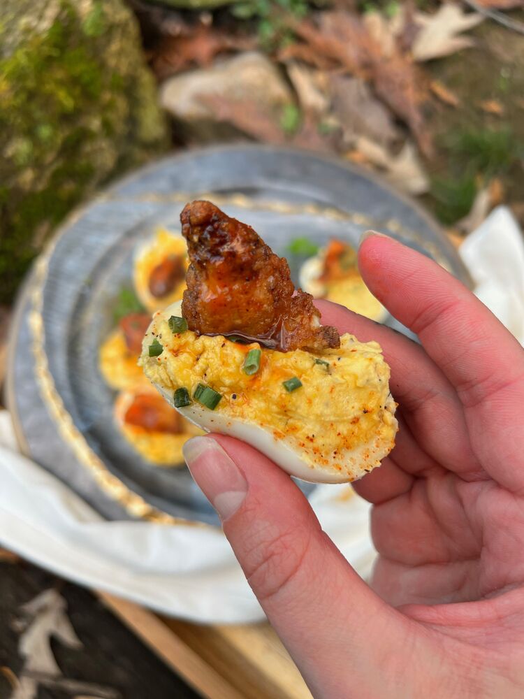 Hot honey fried chicken deviled eggs Recipe The Feedfeed