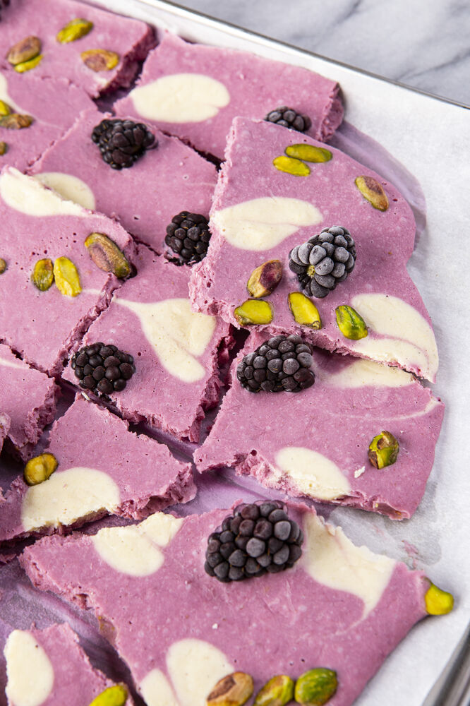Blackberry Pistachio Frozen Yogurt Bark Recipe The Feedfeed