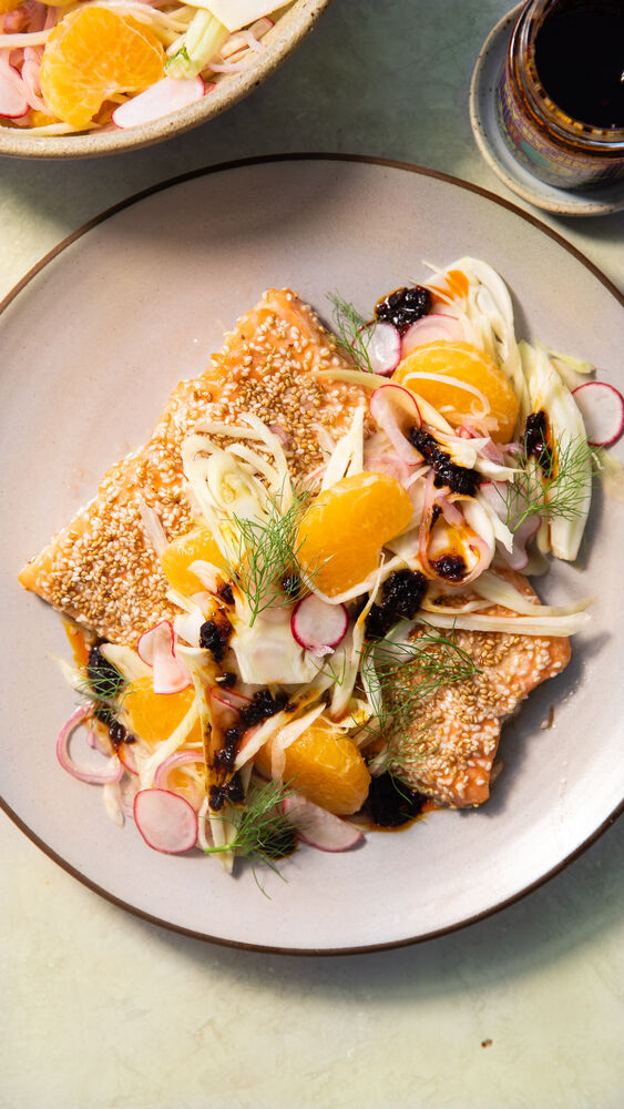 Honey Sesame Salmon with Fennel, Clementines and Zhong Sauce Video