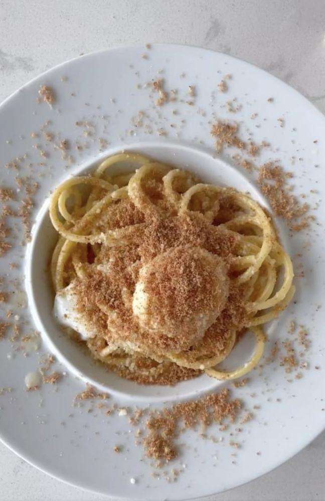 Bucatini with Sous Vide Egg, Prosciutto di Parma Powder and Parmigiano