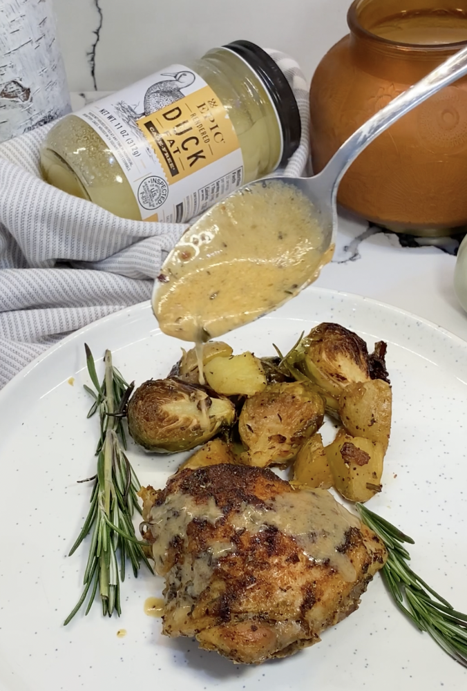 Duck Fat Oven Roasted Chicken with Potatoes and Brussels Sprouts