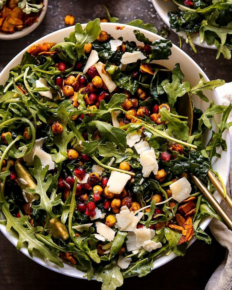 Kale Pomegranate and Maple Chickpea Salad with Dijon Vinaigrette Recipe