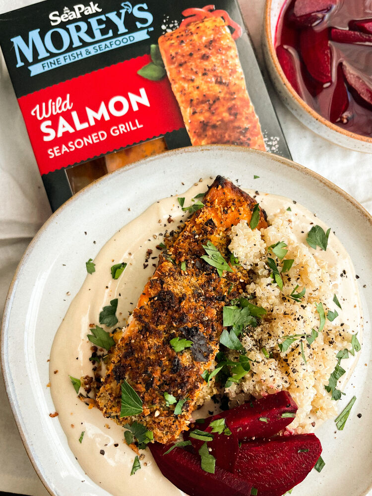 ZA’ATAR HERBCRUSTED SALMON, TAHINI GARLIC SAUCE & PICKLED BEETS WITH