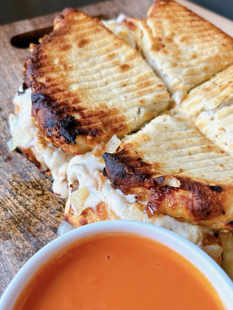 Trader Joe’s French Onion Grilled Cheese & Creamy Tomato Soup by